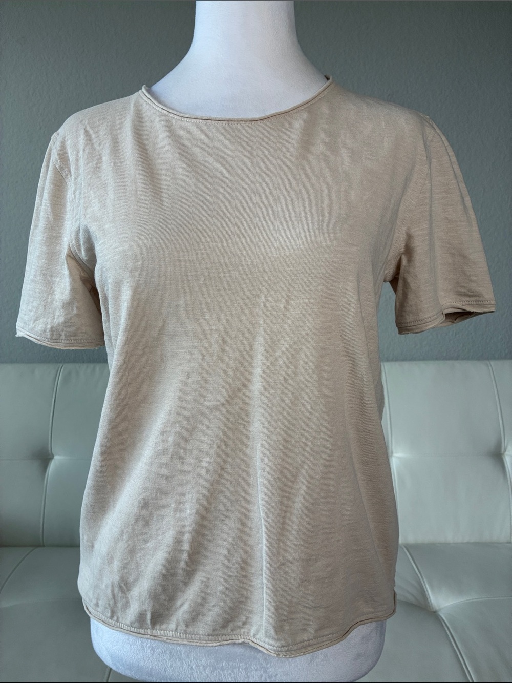 Zara Minimalist Short Sleeve Tee in Light Beige, Raw Hemline